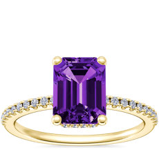NEW Petite Micropavé Hidden Halo Engagement Ring with Emerald-Cut Amethyst in 14k Yellow Gold (8x6mm)
