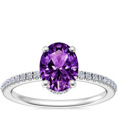 NEW Petite Micropavé Hidden Halo Engagement Ring with Oval Amethyst in 14k White Gold (8x6mm)