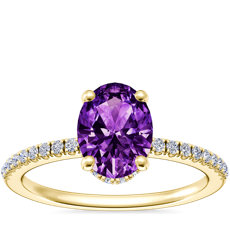 NEW Petite Micropavé Hidden Halo Engagement Ring with Oval Amethyst in 14k Yellow Gold (8x6mm)