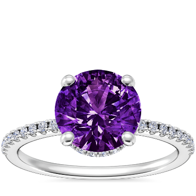 Petite Micropavé Hidden Halo Engagement Ring with Round Amethyst in 14k ...