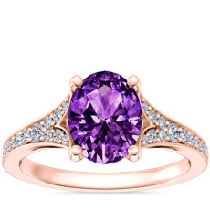 NEW Petite Split Shank Pavé Cathedral Engagement Ring with Oval Amethyst in 14k Rose Gold (8x6mm)