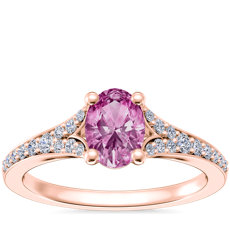 NEW Petite Split Shank Pavé Cathedral Engagement Ring with Oval Pink Sapphire in 14k Rose Gold (7x5mm)