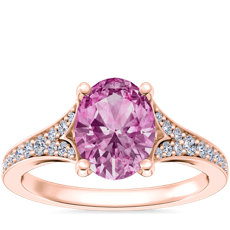 NEW Petite Split Shank Pavé Cathedral Engagement Ring with Oval Pink Sapphire in 14k Rose Gold (8x6mm)