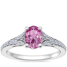 NEW Petite Split Shank Pavé Cathedral Engagement Ring with Oval Pink Sapphire in 14k White Gold (7x5mm)