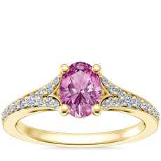 NEW Petite Split Shank Pavé Cathedral Engagement Ring with Oval Pink Sapphire in 14k Yellow Gold (7x5mm)