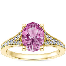 NEW Petite Split Shank Pavé Cathedral Engagement Ring with Oval Pink Sapphire in 14k Yellow Gold (8x6mm)