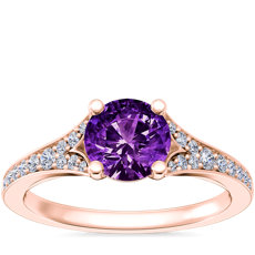 NEW Petite Split Shank Pavé Cathedral Engagement Ring with Round Amethyst in 14k Rose Gold (6.5mm)