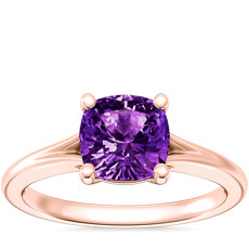 NEW Petite Split Shank Solitaire Engagement Ring with Cushion Amethyst in 14k Rose Gold (6.5mm)