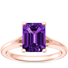 NEW Petite Split Shank Solitaire Engagement Ring with Emerald-Cut Amethyst in 14k Rose Gold (8x6mm)