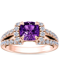 NOUVEAU Bague de fiançailles cercle fendu avec demi-halo de diamants et améthyste coussin en or rose 14 carats (6,5 mm)