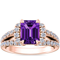 NUEVO. Anillo de compromiso de cuerpo dividido con medio halo de diamantes y amatista de talla esmeralda, en oro rosado de 14 k (8x6 mm)