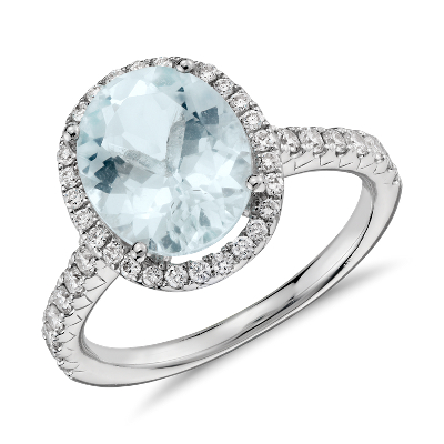Aquamarine And Diamond Halo Ring In 18k White Gold 10x8mm Blue Nile Sg