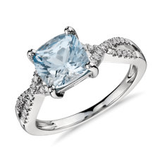 14k 白金海蓝宝石与钻石无限式扭纹戒指（7x7 毫米）