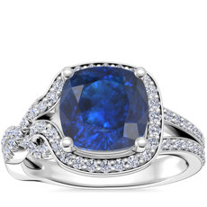 Asymmetrical Diamond Infinity Halo Engagement Ring with Cushion Sapphire in 18k White Gold (8mm)
