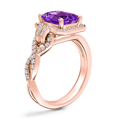 Asymmetrical Diamond Infinity Halo Engagement Ring with Emerald-Cut Amethyst in 14k Rose Gold (9x7mm)