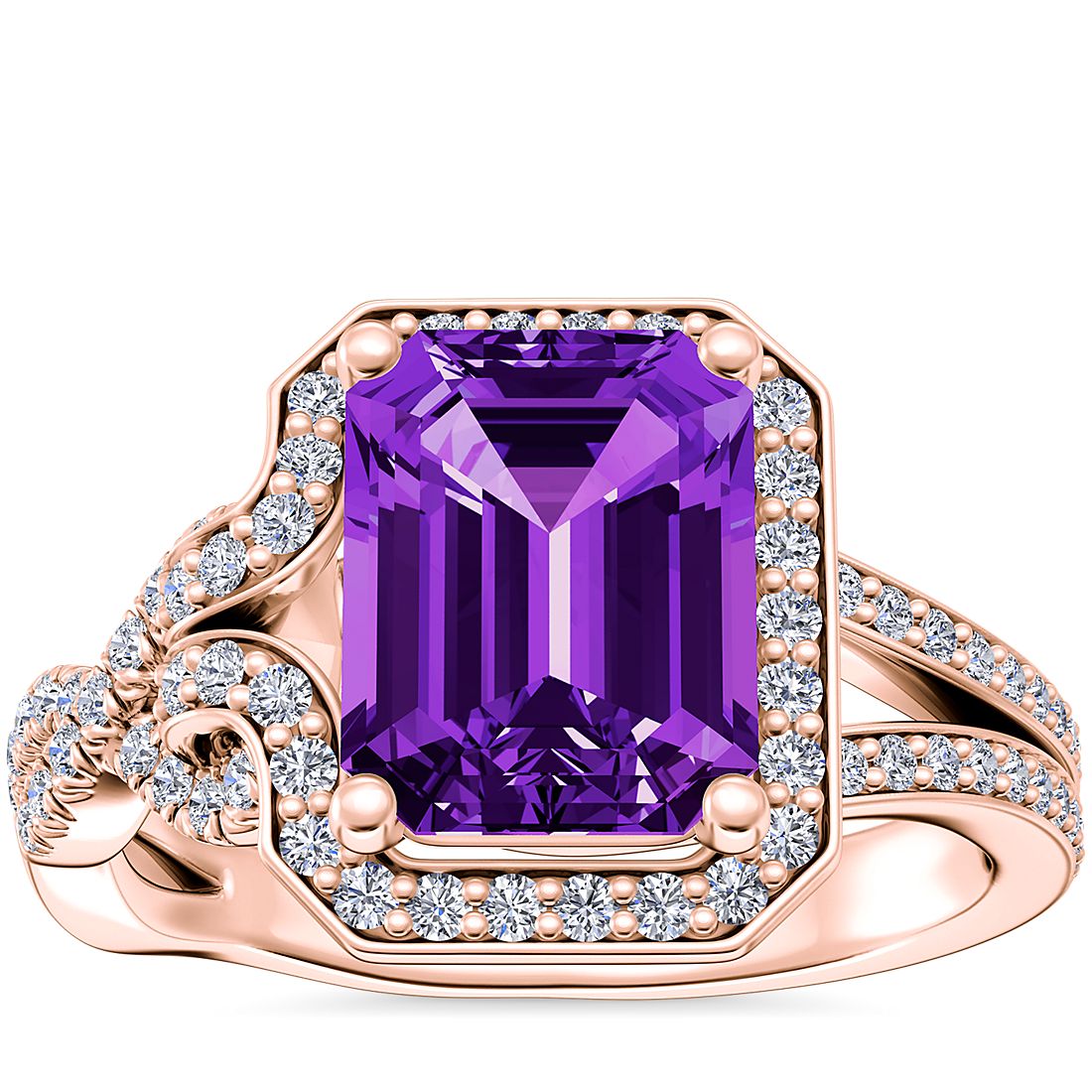 Asymmetrical Diamond Infinity Halo Engagement Ring with Emerald-Cut Amethyst in 14k Rose Gold (9x7mm)