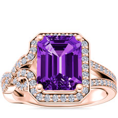 Anillo de compromiso asimétrico con halo infinito de diamantes y amatista de talla esmeralda en oro rosado de 14 k (9x7 mm)