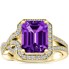 Asymmetrical Diamond Infinity Halo Engagement Ring with Emerald-Cut Amethyst in 14k Yellow Gold (9x7mm)
