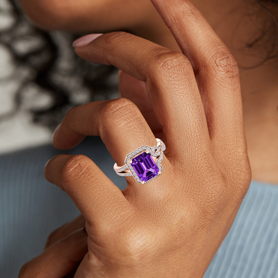 Asymmetrical Diamond Infinity Halo Engagement Ring with Emerald-Cut Amethyst in 18k Rose Gold (9x7mm)