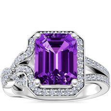 Asymmetrical Diamond Infinity Halo Engagement Ring with Emerald-Cut Amethyst in 18k White Gold (9x7mm)