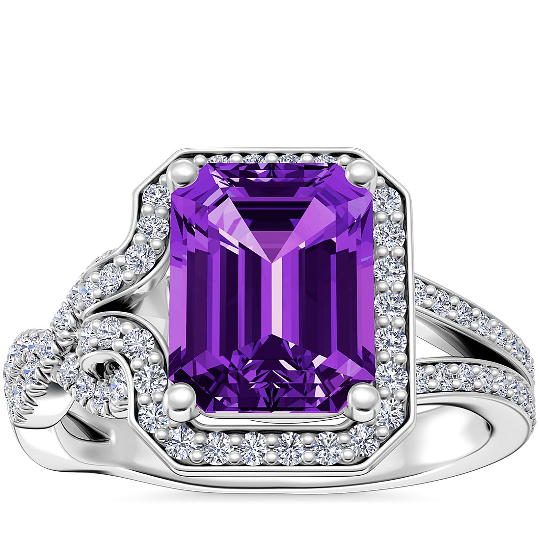 Asymmetrical Diamond Infinity Halo Engagement Ring with Emerald-Cut Amethyst in Platinum (9x7mm)