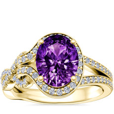 Asymmetrical Diamond Infinity Halo Engagement Ring with Oval Amethyst in 18k Yellow Gold (9x7mm)