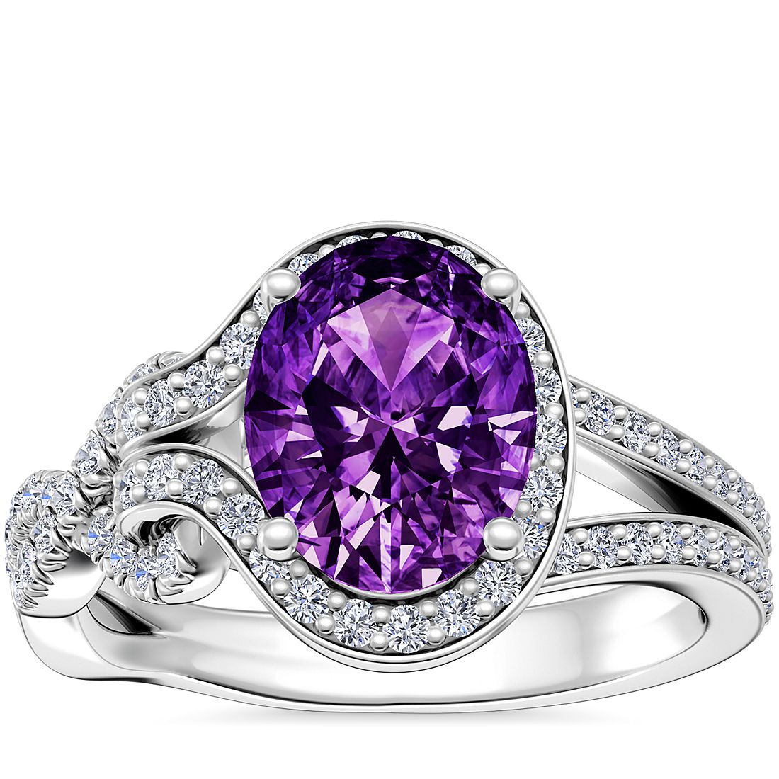 Asymmetrical Diamond Infinity Halo Engagement Ring with Oval Amethyst in Platinum (9x7mm)