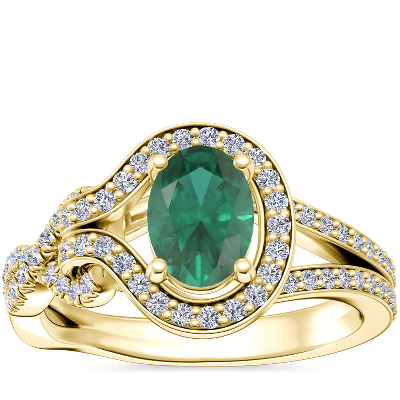 Anillo de compromiso asimétrico con halo infinito diamantes y esmeralda ovalada oro amarillo de 14 k (7x5 mm) | Blue Nile