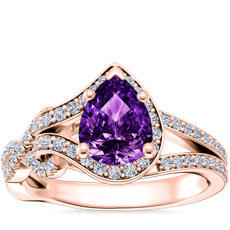 NEW Asymmetrical Diamond Infinity Halo Engagement Ring with Pear-Shaped Amethyst in 18k Rose Gold (8x6mm)