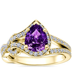 NEW Asymmetrical Diamond Infinity Halo Engagement Ring with Pear-Shaped Amethyst in 18k Yellow Gold (8x6mm)