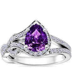 NEW Asymmetrical Diamond Infinity Halo Engagement Ring with Pear-Shaped Amethyst in Platinum (8x6mm)