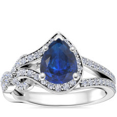 NEW Asymmetrical Diamond Infinity Halo Engagement Ring with Pear-Shaped Sapphire in Platinum (8x6mm)