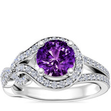 Asymmetrical Diamond Infinity Halo Engagement Ring with Round Amethyst in 14k White Gold (6.5mm)