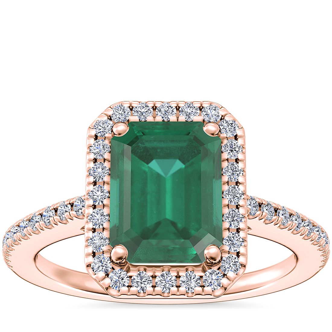 Classic Halo Diamond Engagement Ring with Emerald-Cut Emerald in 14k Rose Gold (8x6mm)