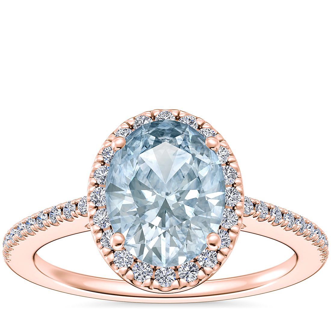 Classic Halo Diamond Engagement Ring with Oval Aquamarine in 14k Rose Gold (9x7mm)