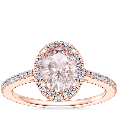 Anillo de clásico halo de diamantes y morganita ovalada oro rosado de 14 k (8x6 mm) | Nile