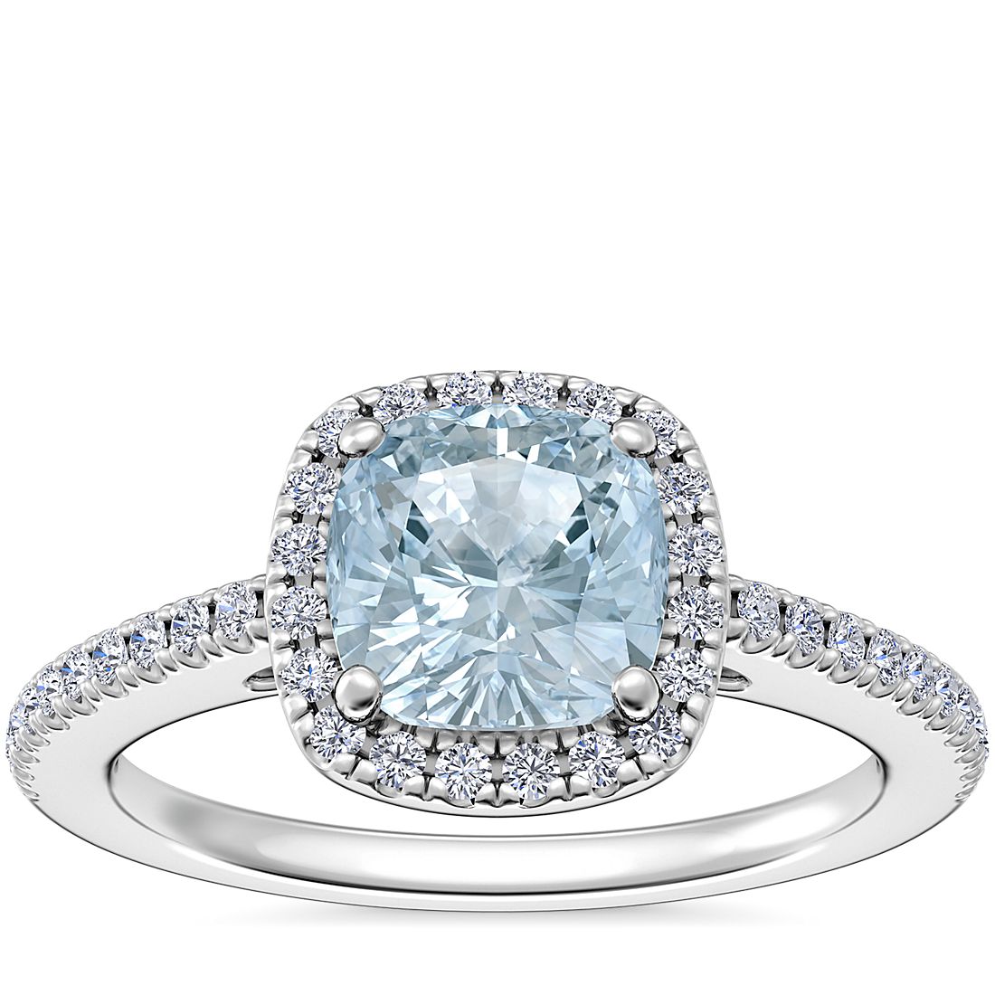 Classic Halo Diamond Engagement Ring with Cushion Aquamarine in 14k White Gold (6.5mm)