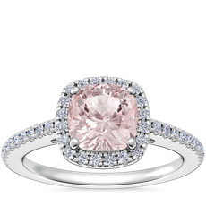 Classic Halo Diamond Engagement Ring with Cushion Morganite in 14k White Gold (6.5mm)