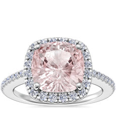 Classic Halo Diamond Engagement Ring with Cushion Morganite in 14k White Gold (8mm)