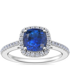 14k 白金經典光環鑽石訂婚戒指搭墊形藍寶石（6 毫米）