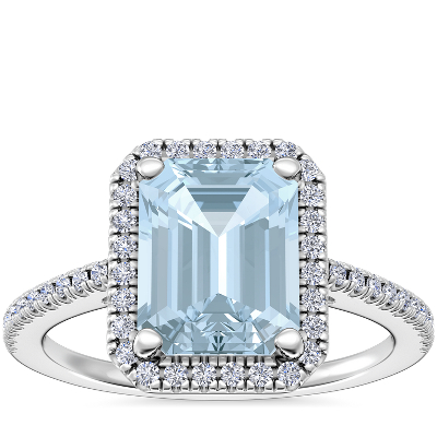 Classic Halo Diamond Engagement Ring with Emerald-Cut Aquamarine in 14k ...