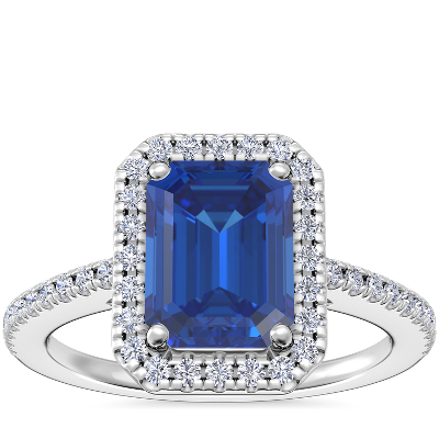 Anillo de compromiso clásico con de diamantes y zafiro de talla esmeralda en oro blanco de 14 k (8x6 mm) | Blue