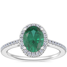 Classic Halo Diamond Engagement Ring with Oval Emerald in 14k White Gold (8x6mm)