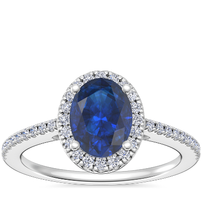 Anillo de compromiso clásico halo de diamantes y zafiro ovalado oro de 14 k (8x6 mm) | Blue