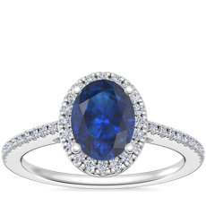 14k 白金椭圆形蓝宝石经典光环钻石订婚戒指（8x6 毫米）