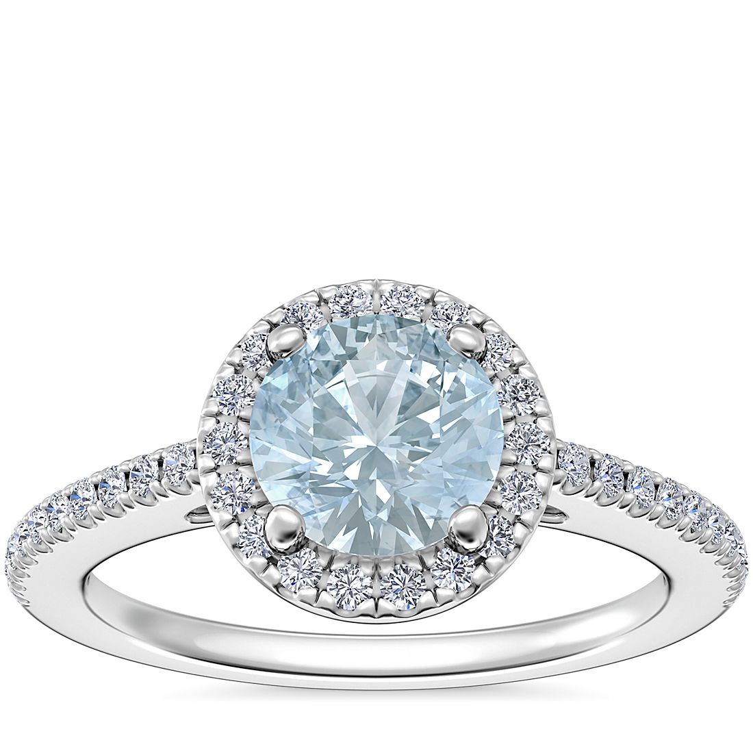Classic Halo Diamond Engagement Ring with Round Aquamarine in 14k White Gold (6.5mm)