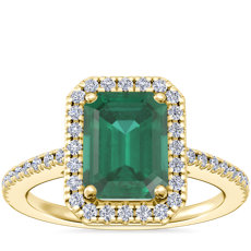 Anillo de compromiso clásico con halo de diamantes y esmeralda de talla esmeralda en oro amarillo de 14 k (8x6 mm)