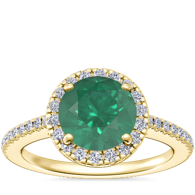 Classic Halo Diamond Engagement Ring with Round Emerald in 14k Yellow ...