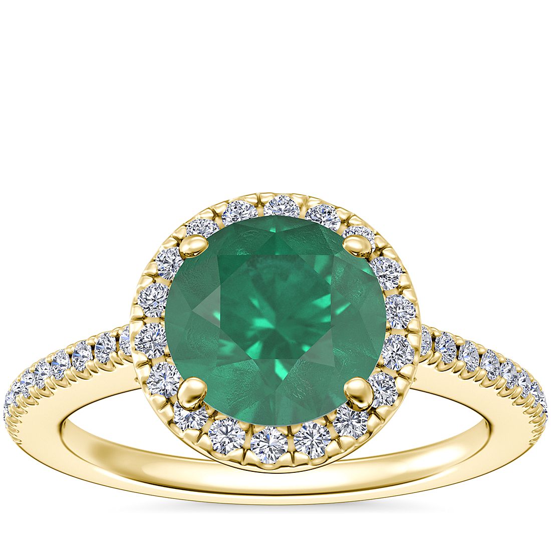 Anillo de compromiso clásico con halo de diamantes y esmeralda redonda en oro amarillo de 14 k (8 mm)