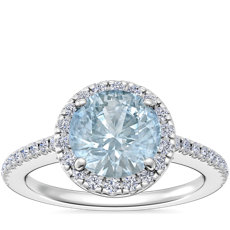 Classic Halo Diamond Engagement Ring with Round Aquamarine in Platinum (8mm)